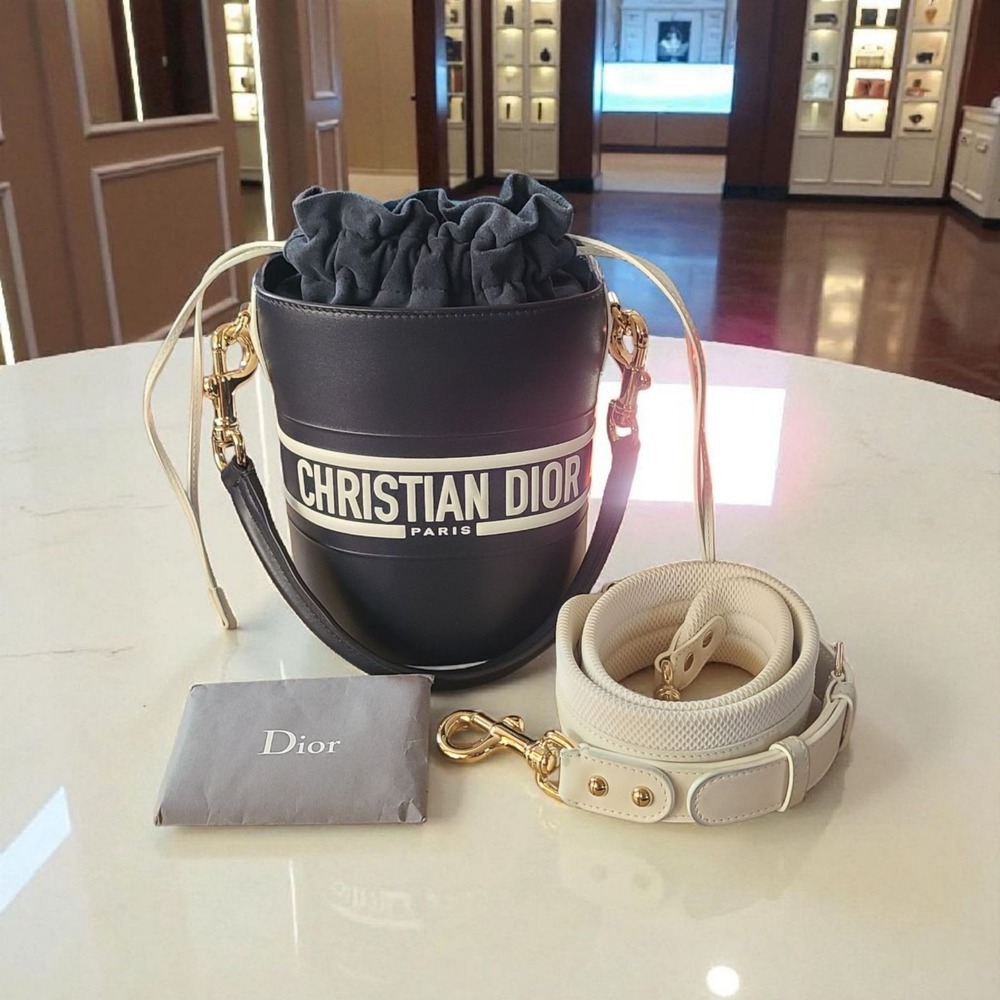 Christian Dior Vibe Bucket Micro 2 Way Handbag Shoulder Bag Navy White Authentic